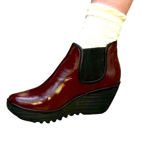 Fly London Burgundy wedge platform Yat Chelsea Bootie boots 38 8 Portugal NEW - Picture 2 of 16